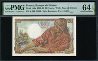 프랑스 France 1942-1944(1943), 20 Francs, P100a, PMG 64 EPQ UNC 미사용
